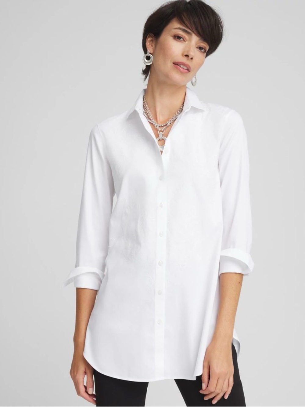 Chico's No Iron Embroidered Sateen Stretch Tunic Button-Up Tunic size 2 women 12